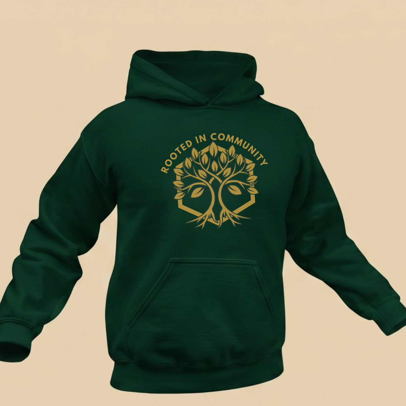 Rooted in Community Forest Green Hoodie Front